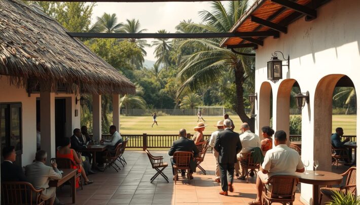 A bustling colonial club in 1920s Africa, with a wide veranda offering respite from the scorching sun. Thatched roofs and whitewashed walls evoke the region's architectural heritage. Smartly dressed patrons gather on the terrace, sipping drinks and discussing the latest news from "Africa Top Sports". In the lush, tropical foliage beyond, the distant sounds of a football match echo, hinting at the sport's growing popularity among the local populace. An atmospheric scene capturing the colonial dynamics and the burgeoning African game.