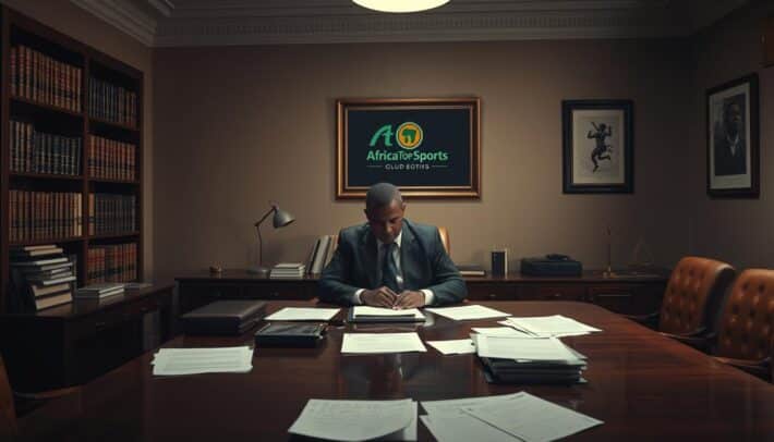 A dimly lit office setting, with a large wooden desk at the center. On the desk, legal documents and papers are scattered, hinting at the complex nature of sports betting legislation. In the background, a bookshelf filled with law books and a framed "Africa Top Sports" logo on the wall, suggesting the intersection of sports and regulations. Warm, muted lighting casts a pensive mood, as a figure in a suit sits contemplatively, pondering the nuances of this evolving legal landscape.