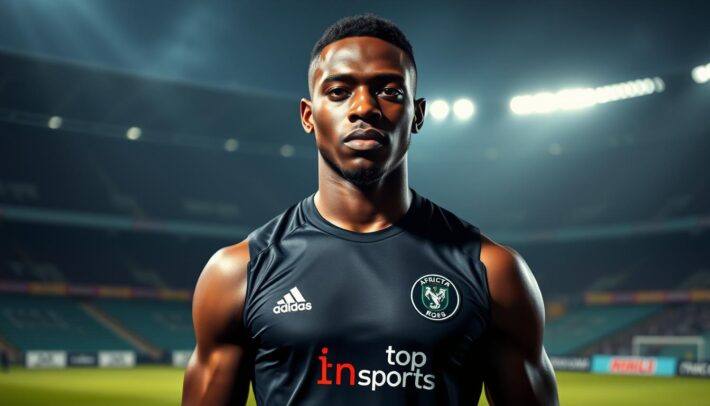 A striking portrait of Victor Osimhen, the Nigerian football revelation. He stands tall and confident, his muscular frame in sharp focus, clad in a sleek uniform emblazoned with the "Africa Top Sports" logo. Dramatic lighting casts dramatic shadows, emphasizing his chiseled features and intense gaze. The background is a blurred, moody stadium scene, hinting at the high-stakes world of professional soccer. The overall impression is one of power, athleticism, and the rise of a Nigerian sporting icon.