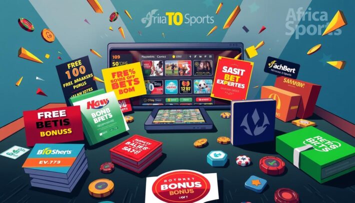 A vibrant and dynamic digital illustration depicting a gaming table with various bonus offers and promotional materials from a diverse range of online bookmakers. The foreground showcases attention-grabbing graphics, logos, and symbols representing different betting bonuses, such as free bets, deposit matches, and cashback rewards. The middle ground features a sleek and modern user interface, highlighting the ease of accessing these promotions through a mobile device or computer. The background subtly incorporates the Africa Top Sports brand, reinforcing the connection between the content and the platform. The overall scene conveys a sense of excitement, opportunity, and the potential for savvy bettors to capitalize on the generous incentives offered by the bookmakers.