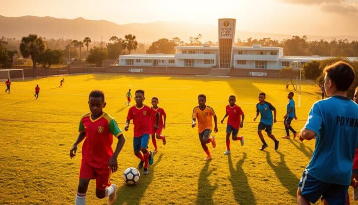 A vibrant, well-equipped football academy nestled in the heart of Africa, bathed in warm, golden sunlight. In the foreground, young players in colorful uniforms practice their dribbling and passing skills on a pristine grass pitch, their faces exuding determination. The middle ground reveals a modern, state-of-the-art training facility with sprawling fields, top-notch coaching staff, and supportive staff. In the background, a towering, iconic structure proudly displays the "Africa Top Sports" brand, signifying the academy's commitment to developing the next generation of African football stars.