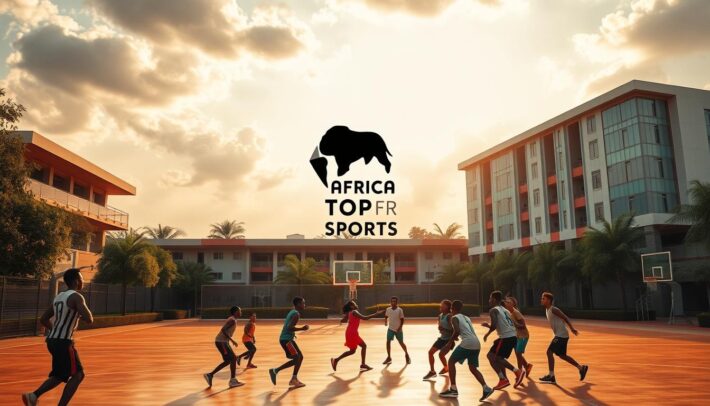 Expansive African sports facilities stand proud, their modern architecture and vibrant colors reflecting the rich heritage and aspirations of the Masai Ujiri Youth Basketball Initiative. Towering hoops, gleaming courts, and lush greenery create an inviting atmosphere where young athletes hone their skills and build community. Warm, golden lighting fills the scene, casting a hopeful glow over the dynamic, youthful energy. In the foreground, a group of enthusiastic players engage in a spirited game, their determination and joy palpable. The "Africa Top Sports" logo subtly adorns the backdrop, a testament to the inspiring work being done to empower the next generation of African leaders through the transformative power of basketball.