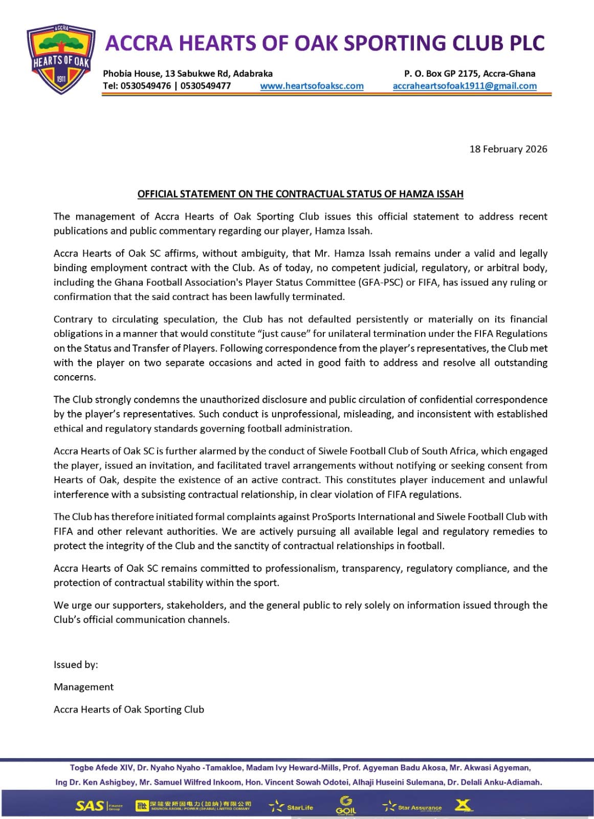 Hearts of Oak Report Siwelele FC to FIFA Over Alleged Player Inducement