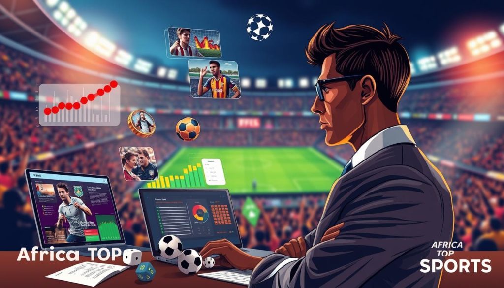 A dynamic and visually engaging illustration that captures the essence of various sports betting types and winning strategies in the context of the Champions League. In the foreground, depict a professional-looking individual in business attire, contemplating different betting options represented by colorful charts and graphs, with a focus on football imagery. In the middle ground, include elements such as betting slips, dice, and a laptop showing live game statistics, creating a sense of active engagement. The background should feature a blurred stadium filled with cheering fans, illuminated by bright stadium lights, conveying excitement and anticipation. Use warm, vibrant lighting to enhance the atmosphere, evoking a sense of strategy and opportunity. The brand "Africa Top Sports" subtly integrated into the scene.