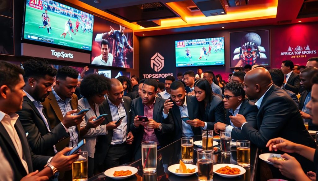 A dynamic scene illustrating the advantages of sports betting in a competitive context, showcasing a bustling sports bar filled with enthusiastic fans dressed in casual yet smart attire, all focused on watching a Champions League match on large screens. In the foreground, a diverse group of individuals leans forward, analyzing their betting options on mobile devices and discussing strategies. In the middle, glasses of drinks and plates of snacks are scattered on tables, adding to the lively atmosphere. The background features wall-mounted screens displaying exhilarating sports highlights and the logo "Africa Top Sports" prominently. The lighting is warm and inviting, creating an energetic yet comfortable ambiance. Capture this moment from a slightly elevated angle to emphasize the interactions and excitement in the room.